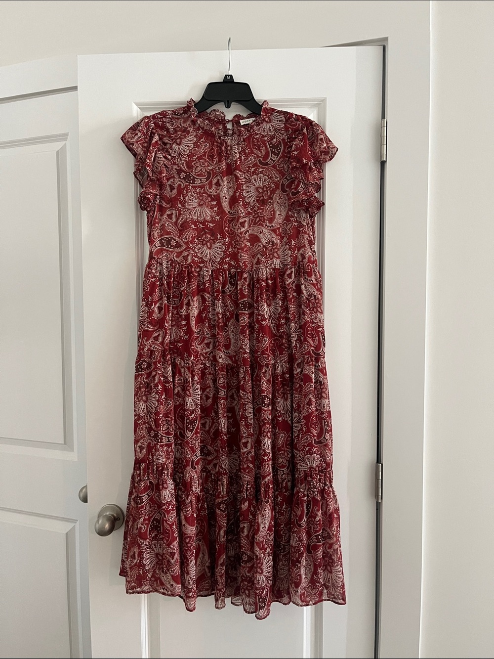 Moon River Red Paisley Tiered Midi Dress with Flutter Sleeves